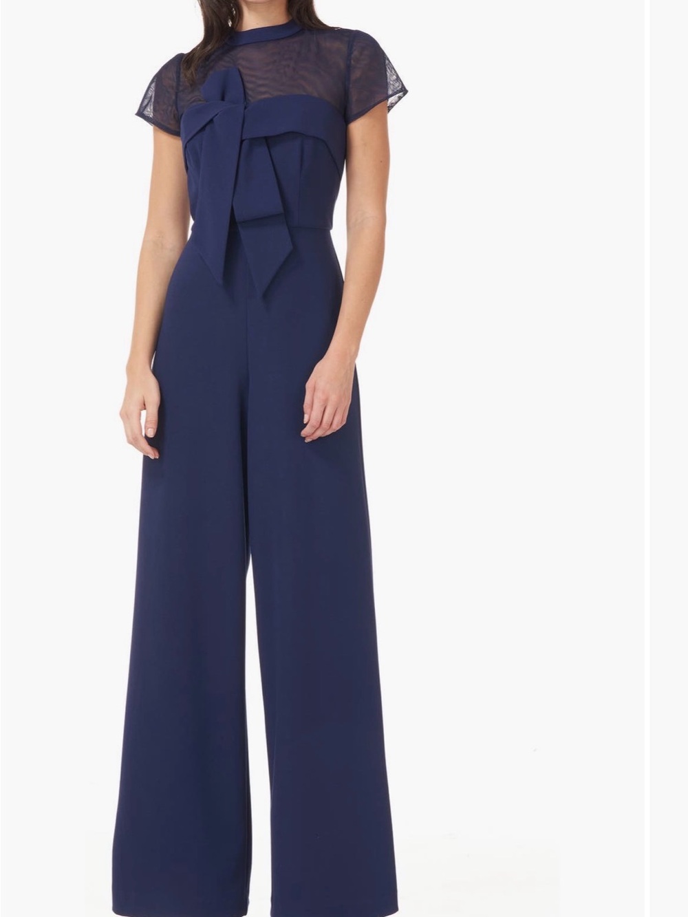 JS Collections Navy Stretch Crepe Illusion Mesh Bow Wide-Leg Jumpsuit | Size 10